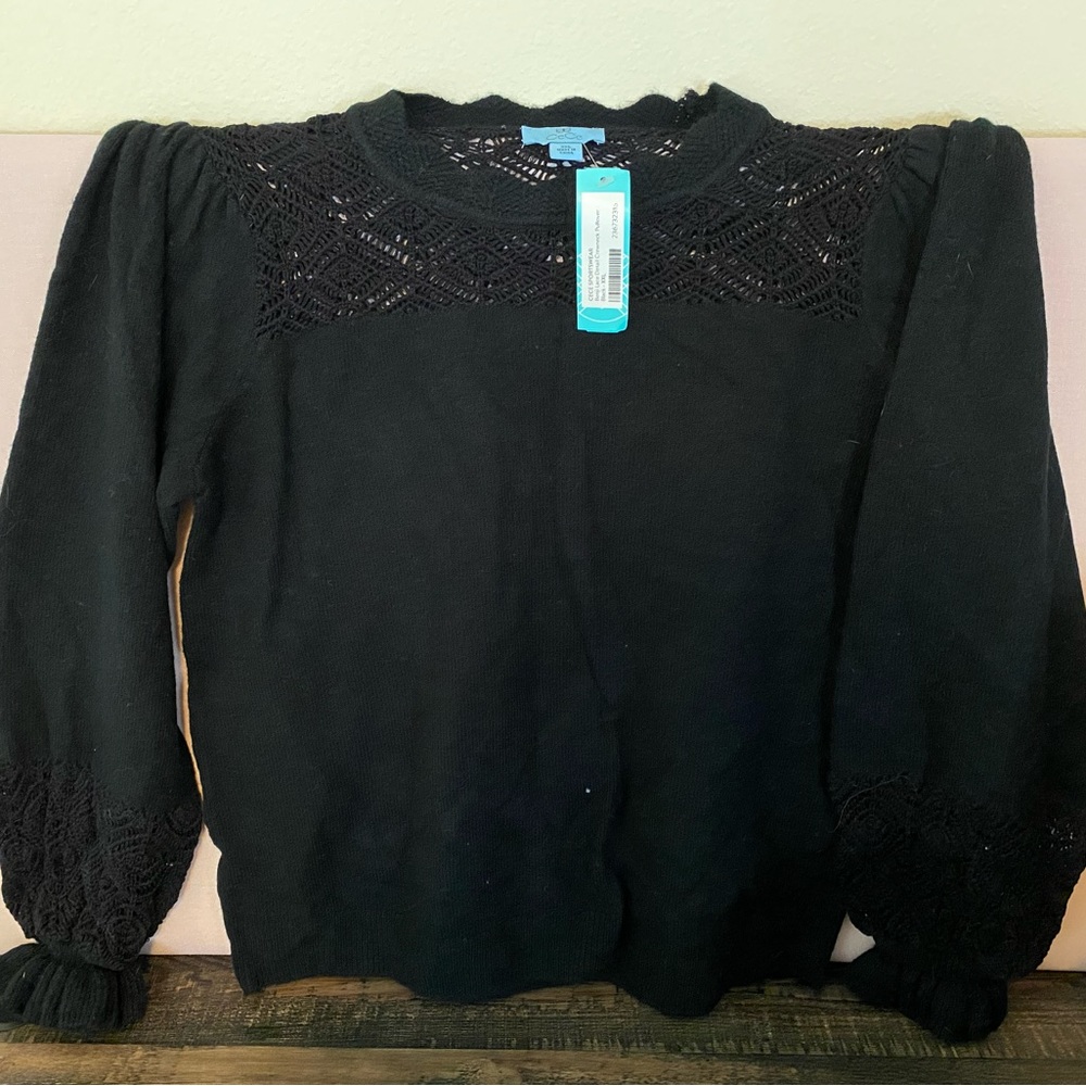 CeCe Benji Lace Detail Crewneck Pullover Sweater - black New with tags